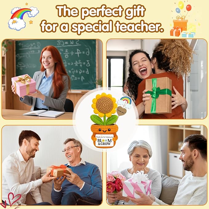 Crochet Sunflower Appreciation Gift “Thank You for Helping Me Bloom & Grow” Knitted Flowers Plush for Teacher, Principal, Mentor, Counselor, Farewell, Retirement, Thanksgiving, Christmas