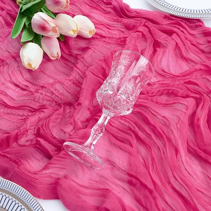 FEXIA Rose Red Table Runner 35x120 Inches for Baby Shower Decoration Gauze Rustic Table Runner for Wedding Party First Communion Centerpiece Engagement Bridal Shower Boho Decoration