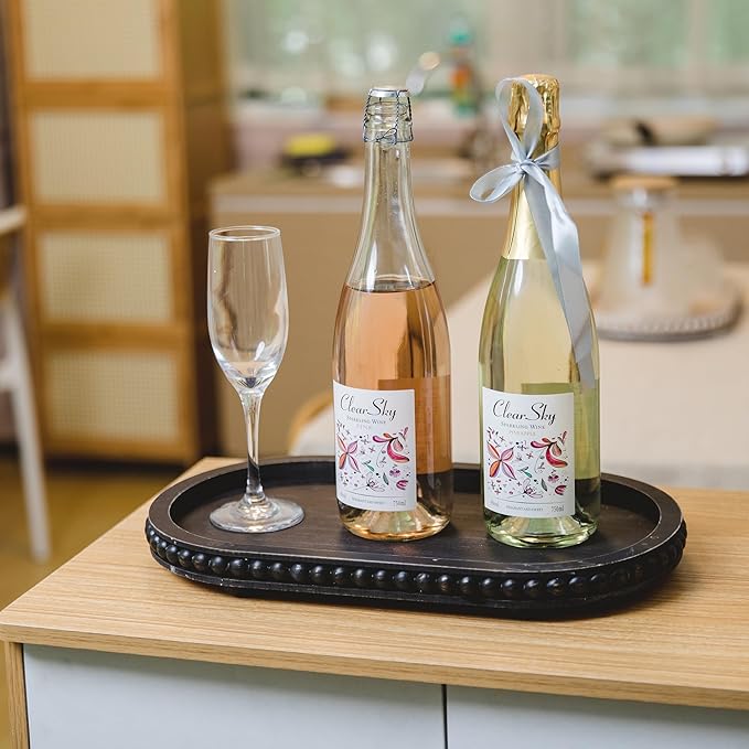 HPC Decor 15in Oval Tray for Home Decor - Black Wood Beaded Tray - Decorative Serving Tray,Rustic Farmhouse Wooden Trays for Vintage Centerpiece,Kitchen Counter,Living Room Decor,Coffee Table Decor.