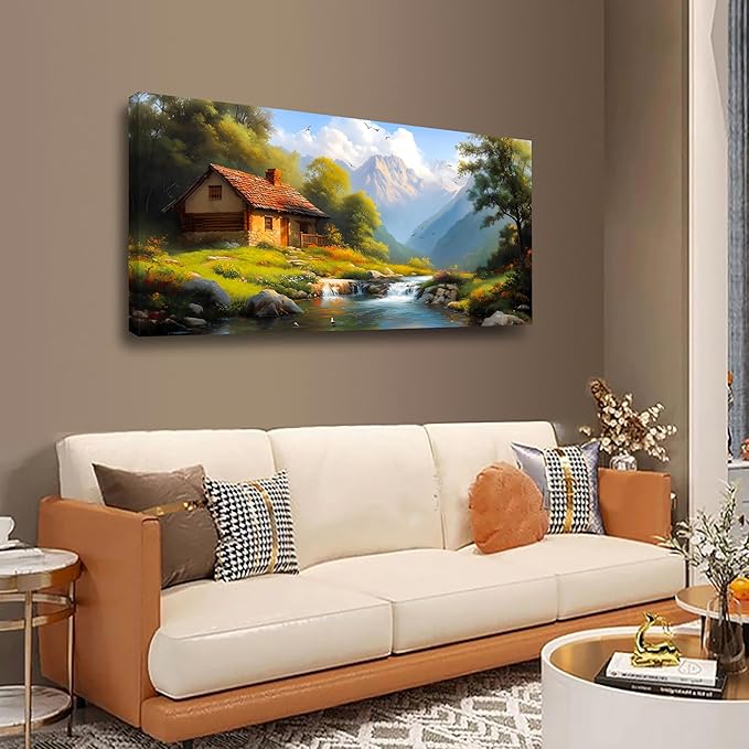 Country House Wall Art Bedroom Landscape Wall Decor Living Room,Oil Painting Green Forest Canvas Wall Art Office Farmhouse Artwork Modern Flowing Water SceneryWall Art Prints Pictures 20 * 40inch