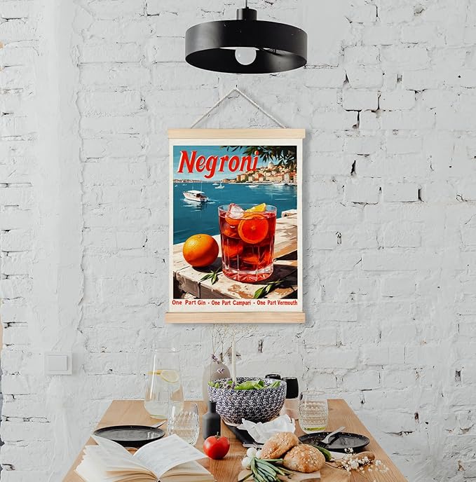 Yomisex Classic Negroni Cocktail Wall Art Poster, Vintage Italian Orange Alcohol Mediterranean Coastal Seaside Canvas Prints Wall Art Framed for Bar Pub Restaurant Decor, 12x16 Inch