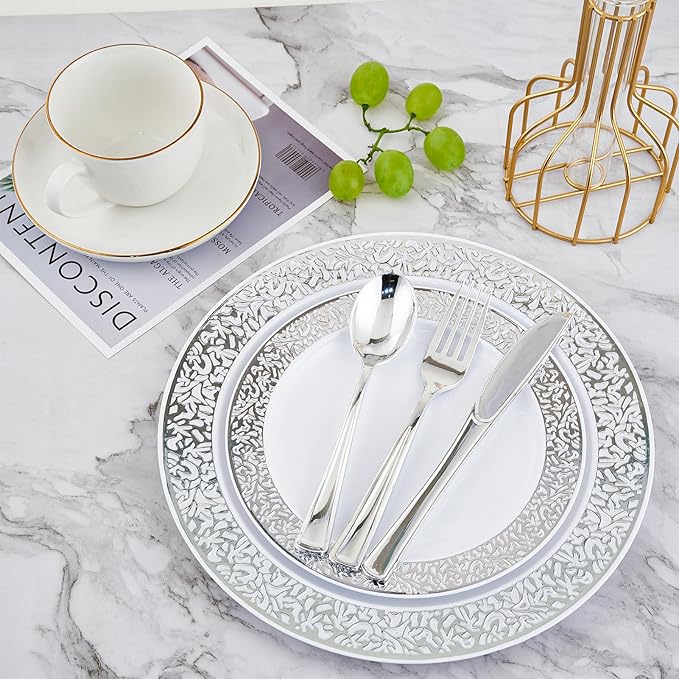 πππ Count Silver Plastic Dinnerware, Silver Disposable Plates, Includes 30 Dinner & 30 Dessert Plates & 30 Cups & 30 Paper Napkins & 30 Plastic Silverware Set