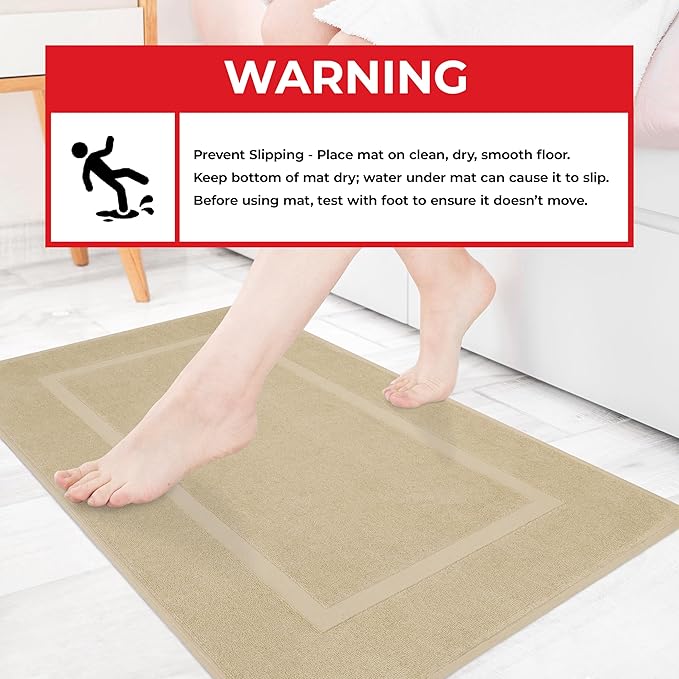 Cotton Paradise 100% Cotton Bath Mats for Bathroom Floor Set of 2 Pack, 20x34 Soft Absorbent Washable Quick Dry Tub Bathmat, Beige Towel Bath Mat