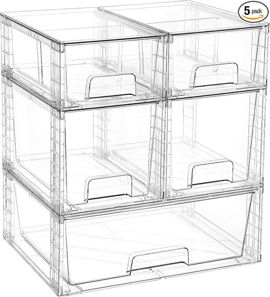 Vtopmart Clear Stackable Storage Drawers Set of 5, Easily Assemble Acrylic Bathroom Undersink Organizers,Plastic Storage Bins for Closet,Cabinet,Pantry,Medicine Organization