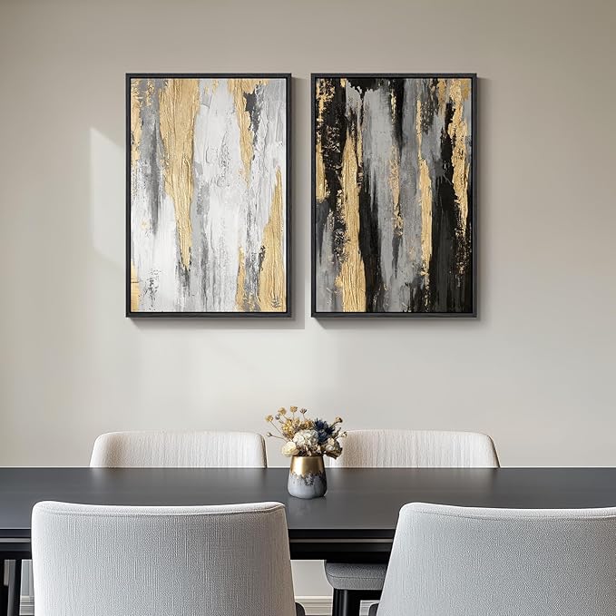 Framed Modern Abstract Wall Art Set of 2, Canvas Prints Paintings Artwork for Walls, Black White Grey Gold Pictures Wall Decor for Living Room, Dining Room, Bedroom, and Office 16x24 In
