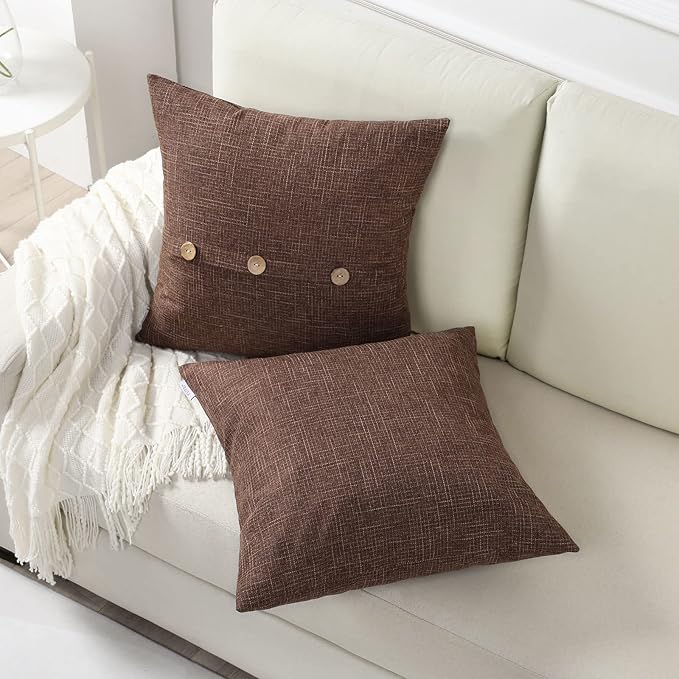 HAUSSY Brown Linen Decorative Throw Pillow Covers 24x24 Inch Set of 2, Square Euro Cushion Case with 3 Vintage Buttons,Modern Farmhouse Home Decor for Couch,Bed