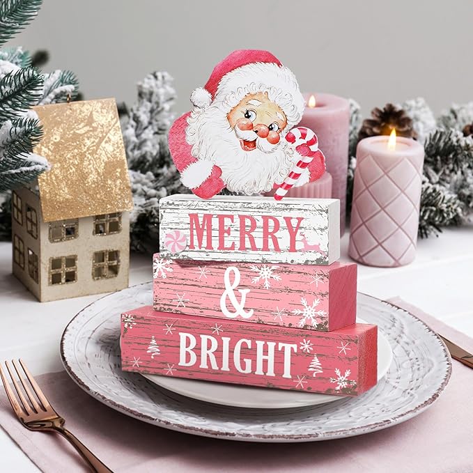 Geelin 4 Pcs Christmas Wooden Tabletop Decor Pink Winter Santa Tiered Tray Decor Christmas Centerpiece Rustic Decorative Block Signs Gift Farmhouse Table Decoration for Home Kitchen