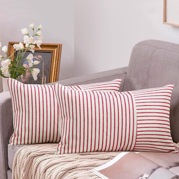 YCOLL Christmas Pillow Covers 12x20, Modern Accent Lumbar Throw Pillow Covers Set of 2, Red and Beige Striped Patchwork Linen Decorative Pillows Cushion Covers Christmas Decorations