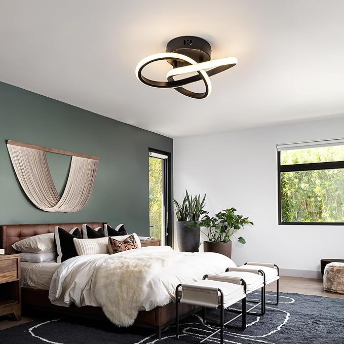 10 Inch Modern Ceiling Light, 24W LED Dimmable Ceiling Light with Remote Control, 3000-6000K Color Temperature Adjustable, Balck Small Chandelier for Bedroom, Entryway, Hallway, Kitchen