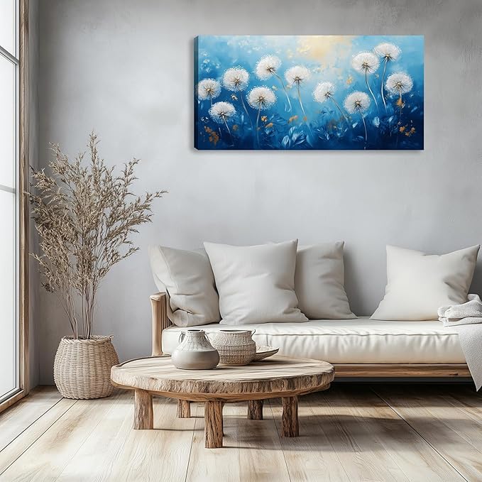 Kuiluuye Large Dandelion Wall Art Flower Painting Wall Decor Canvas Print Blue White Flora Picture for Living Room Home Bedroom Decoration Framed Poster Artwork 48L x 24W