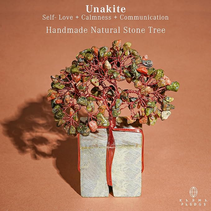 Crystal Tree for Birthday Gifts for Women, Handmade Raw Crystal Base Unakite Chakra Healing Crystal Tree of Life for Positive Energy, Money, Good Luck, Christmas Décor, Home and Office Decor