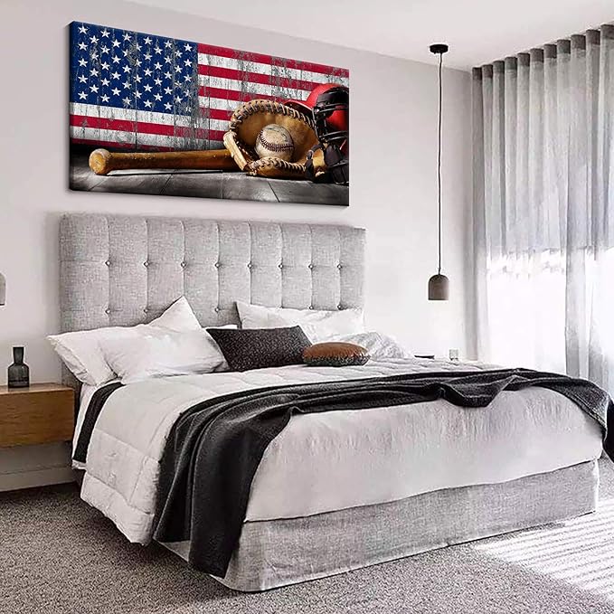 YDYSUNE Baseball Wall Art Vintage American Flag Canvas Prints Sports Pictures Paintings for Living Room Office Home Decorations Modern Artwork 24×48IN