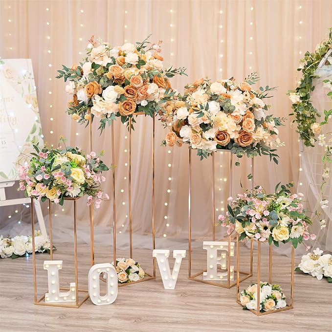 Sziqiqi Wedding Centerpieces Vase For Tables With Plates - 2 Pcs Metal Column Geometric Flower Stand 23.6in Gold Flower Display Rack Decorations For T-Stage Reception Party Fiesta Event Home Christmas