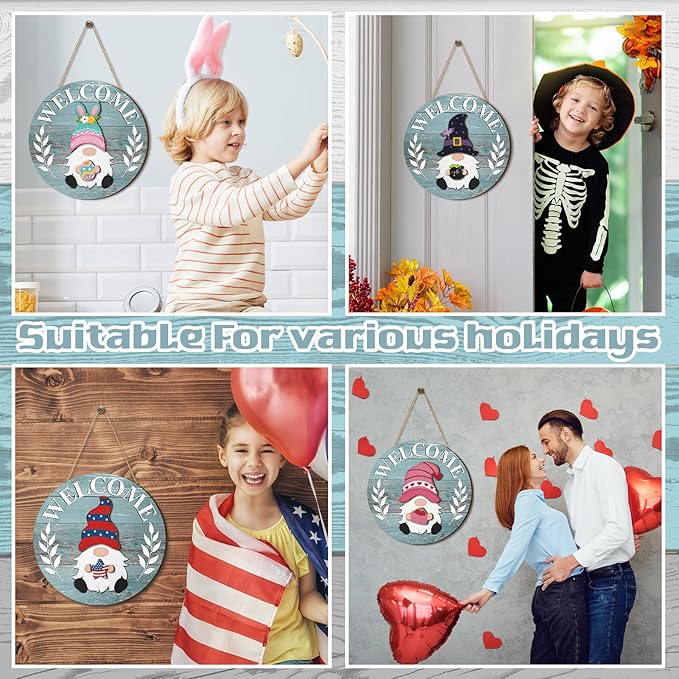 Qunclay Interchangeable Wooden Gnome Decor Holiday Seasonal Gnome Decorations with Magnet Pieces and Detachable Hats Changeable Welcome Sign for Home(Blue Style)