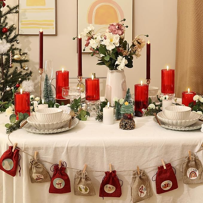 NURADA Flameless Candles with Remote Timer - Glass Real Wax 3D Wick LED Pillar Votive Candle Set Battery Operated Flickering Light for Christmas Home Wedding Party Decoration -Red 3 Pack