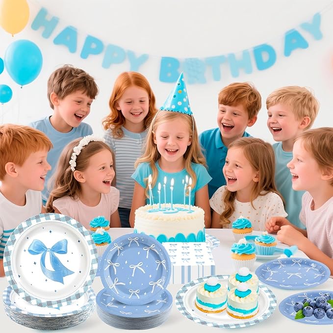 180Pcs Blue Bow Party Supplies Paper Plates and Napkins Serve 60 Disposable Tableware Set for Birthday Party Decorations Game Day Family School Holiday Sports Events