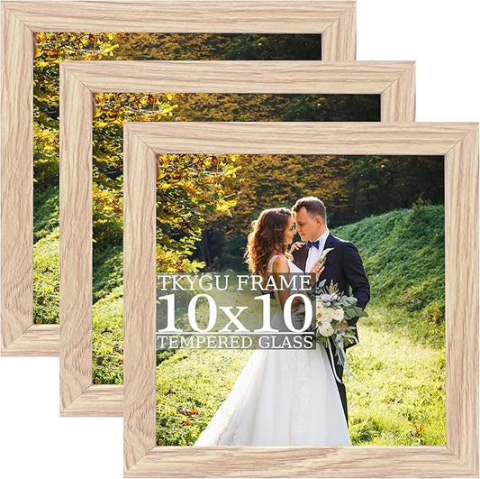 10x10 composite wood Picture Frame Set of 3, Real Glass for Rustic Natural 10x10in Poster Frames- Art Frame, Wall Hanging-Tabletop Display Gallery Family Wedding Memorial Pic Frame Best Gift