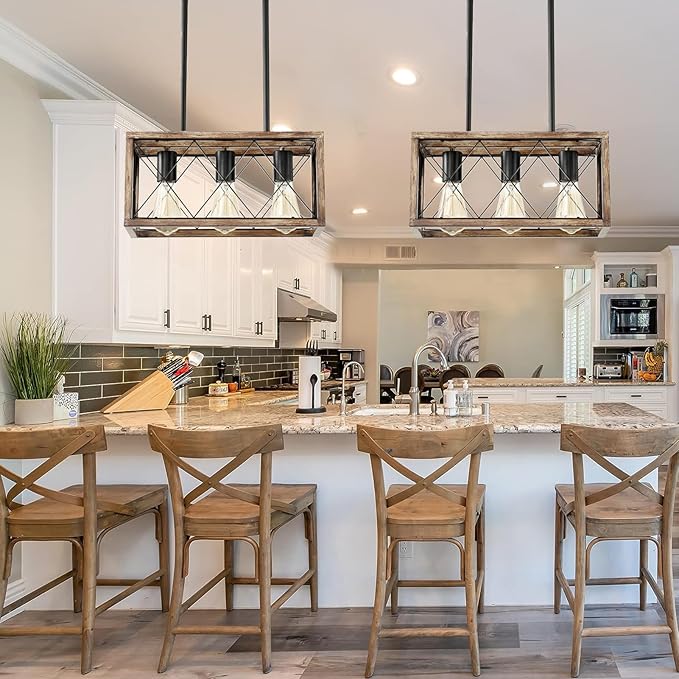 Farmhouse Light Fixtures,3-Light Dining Room Light Fixture,Industrial Metal Kitchen Pendant Lighting Over Island, Chandelier for Dining Table Kitchen Sink, Wood Grain Finish.