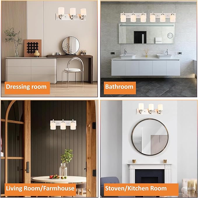 Bathroom Light Fixture, Brushed Nickel | 24 Inch 3 Lights, White Glass Shade, Farmhouse Style - Vanity Lights for Bathroom, Living Room, Bedroom