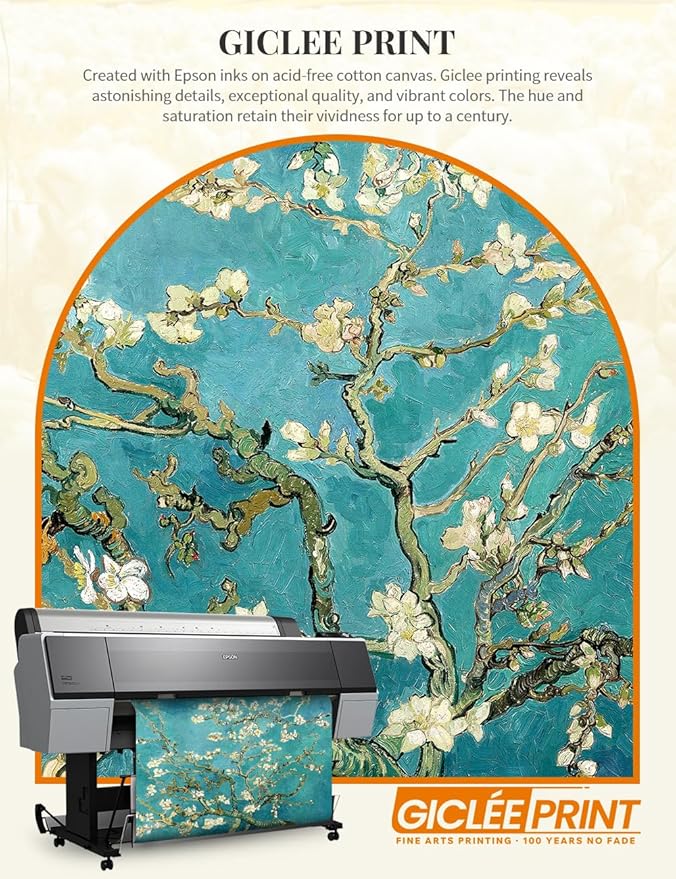 DECORARTS - Almond Blossom Tree by Vincent Van Gogh. Giclee Print w/Antique Brown Frame for Wall Decor. Picture Size: 20x16, Total Size w/Frame: 23x19