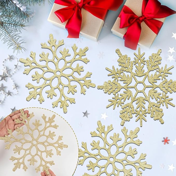 12pcs Large Christmas Snowflakes Decorations, 12" Big Plastic Glitter Gold Snowflake Ornaments for Winter Indoor Outdoor Christmas Tree Holiday Window Room Decor Craft Snowflakes