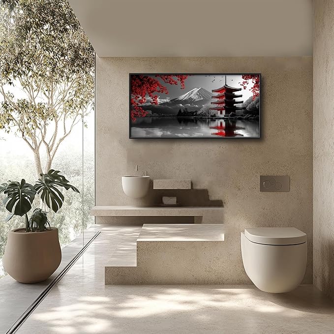 Olivine Japan Large Wall Art, Black And White Pictures Wall Decor, Landscape Paintings, Mountain Canvas Prints, Framed Artwork for Dining Room Bedroom Living Room Office Bathroom 60"x30"