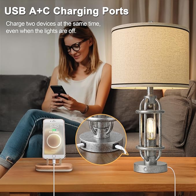 23.75'' Table Lamps Set of 2 for Living Room Bedroom Industrial Farmhouse Metal Touch Lamps with USB A+C Ports, Night Light Vintage Nightstand Bedside Lamp, Bulbs Included, Antique Silver
