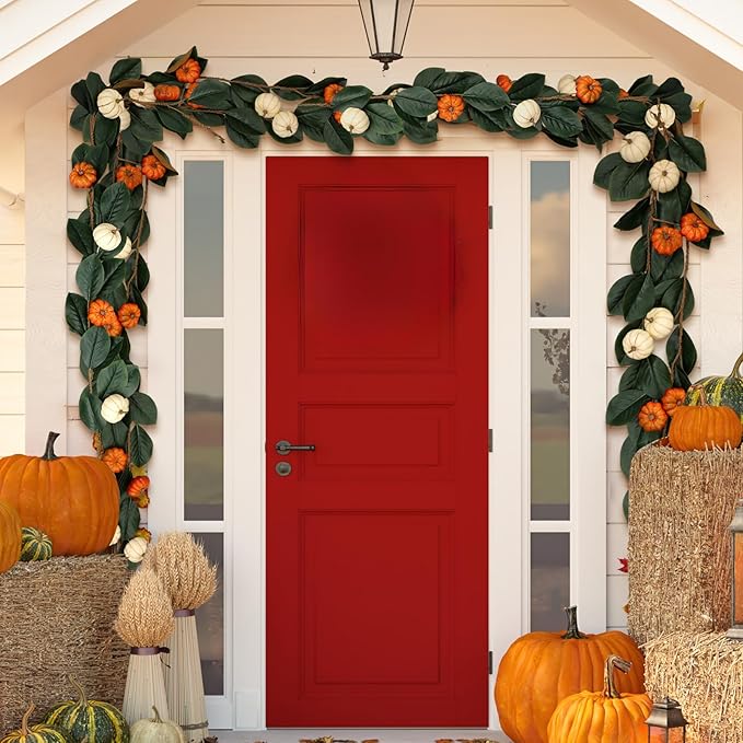 Zeyune 2 Pcs 6ft Fall Decor Fall Garland with Pumpkins Artificial Mixed Magnolia Leaves Farmhouse Hanging Rustic Autumn Garlands Decor for Front Door Kitchen Fireplace Home Indoor Outdoor