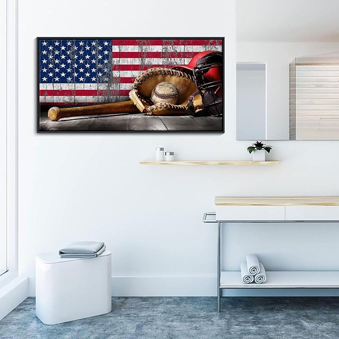 YDYSUNE Baseball Wall Art Vintage American Flag Canvas Prints Sports Pictures Paintings for Living Room Office Home Decorations Modern Artwork 20×40IN