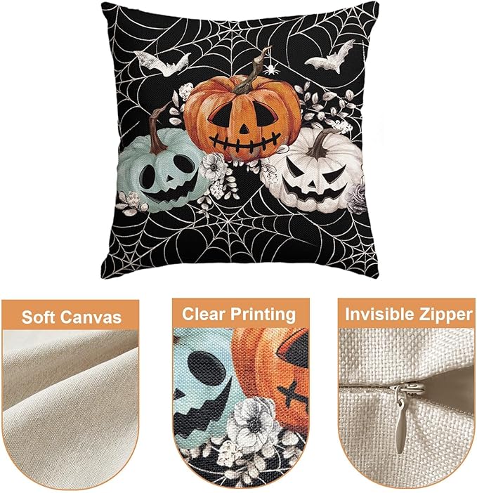 Baccessor Halloween Pillow Cover 18x18 Inch, Black Pumpkins Bats Spider Web Pillow Case Halloween Decor for Cushion Sofa Couch Indoor Outdoor Decoration 1 Piece