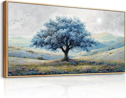ZUITINGHUA Large Wood Framed Wall Decor For Living Room Canvas Wall Art For Office Modern Wall Decorations For Bedroom Blue Tree Landscape Painting Farmhouse Pictures Artwork Home Decor 24x48 In