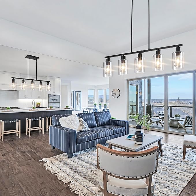 Black Linear Chandelier for Kitchen Island - 5 Light Pendant Lighting Fixture with Glass Shades, Adjustable Height Farmhouse Dining Room Hanging Light