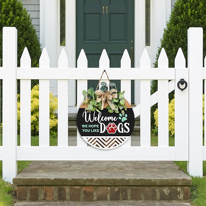 GOSSBY Interchangeable Welcome Sign for Front Door - WE HOPE YOU LIKE DOGS - Seasonal Rustic Wood Wreath - Hanging Wall Sign Decoration for Outside, Porch, Farmhouse - New Home, Housewarming Gift