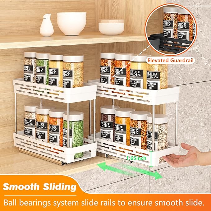 Pull Out Spice Rack Organizer for Cabinet, 2 Pack Slide Out Spice Racks Organizer, Spice Cabinet Organizers, Cabinet Size Need:12'' Highx11'' Deepx5'' Wide,Hold 10 Spice Jar Each Tier-2Tier, White