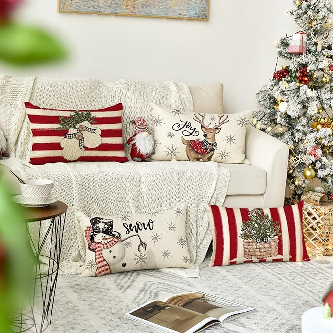 AVOIN colorlife Christmas Snowman Reindeer Gloves Eucalyptus Red Throw Pillow Covers, 12 x 20 Inch Winter Holiday Stripes Cushion Case Decoration for Sofa Couch Set of 4