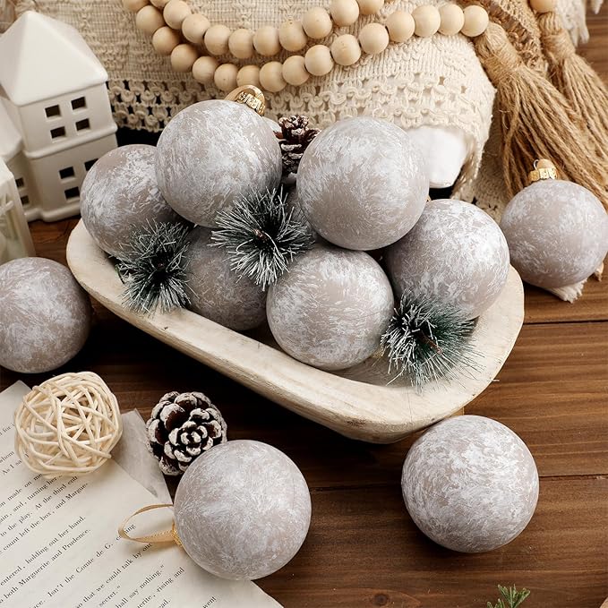 12 Pcs Neutral Textured Christmas Ball Ornaments 2.36'' Vintage Christmas Tree Decor Modern Rustic Brown Ornaments with Loop Shatterproof Hanging Ball for Xmas Farmhouse Decor (Beige)