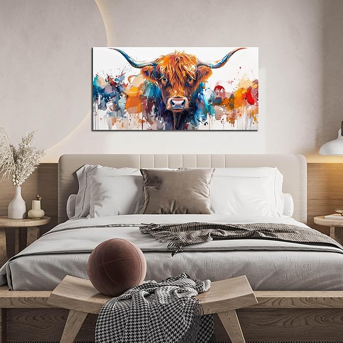 ZHAOSHOP Highland Cow Artwork Wall Decor for Living Room - Colorful Graffiti Wall Art for Office - Modern Wall Decor Teen Bedroom Size 20" x 40"