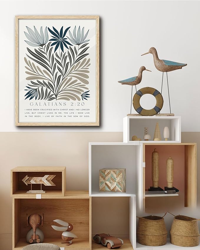 EcoHest Christian Bible Verse Floral Framed Wall Art, Large 16x20 in OAK Wood Boho Abstract Flowers Canvas Wall Art, Galatians 2:20 Home Decor, Beige Logs Christ Set of 1 for Bedroom Living Room