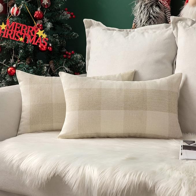 MIULEE Pack of 2 Farmhouse Buffalo Check Plaids Polyester Linen Soft Solid Cream White Decorative Throw Pillow Covers Home Decor Outdoor Cushion Case for Sofa Bedroom 12 x 20 Inch 30 x 50 cm