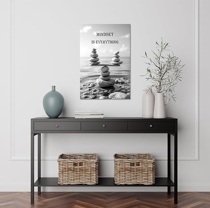 YIOZHAOFH Mindset Wall Art for Zen Office Inspirational Pictures Wall Decor Motivational Quotes Canvas Art Black and White Landscape Nature Print Poster Painting Framed for Meditation Spa Room Bedroom (16L x 24W)