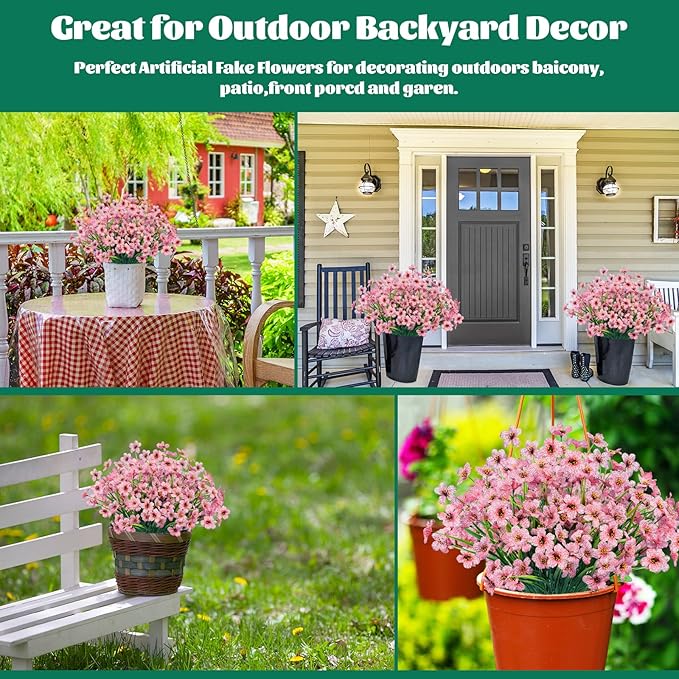 Lnoicy 24 Pcs Artificial Flowers for Outdoor,Plastic Flowers Decoration, UV Resistant Faux Flowers Shrubs, Artificial Plants for Indoor Outside Garden Home Wedding Farmhouse(Pink)