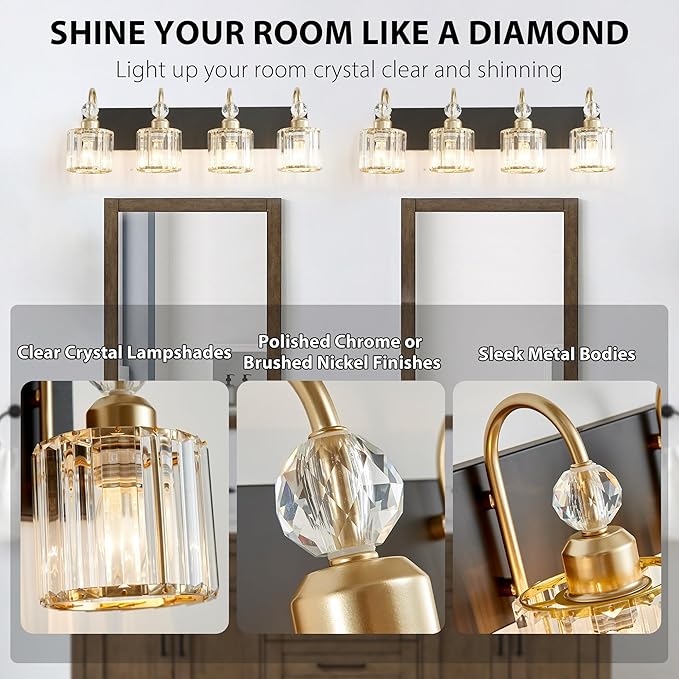 Bathroom Vanity Light Fixtures Over Mirror - Makeup Lighting Black Gold - for Modern Wall, Bath, Desk, Farmhouse, Hallway - 4 Crystal Lights