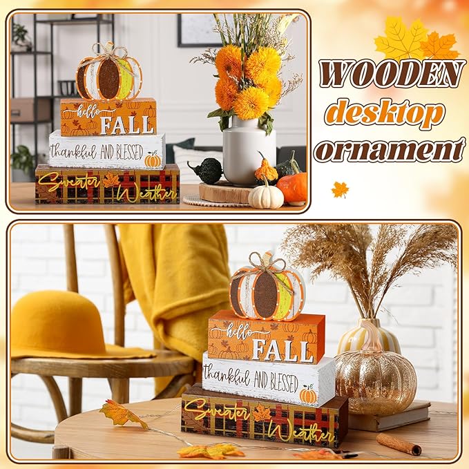 Geelin 4 Pcs Fall Decorations Autumn Wooden Sign Pumpkin Thanksgiving Maple Leaves Table Centerpiece Tiered Tray Decor Hello Fall Wood Blocks Tiered Tray Decor Table Top Sign for Home