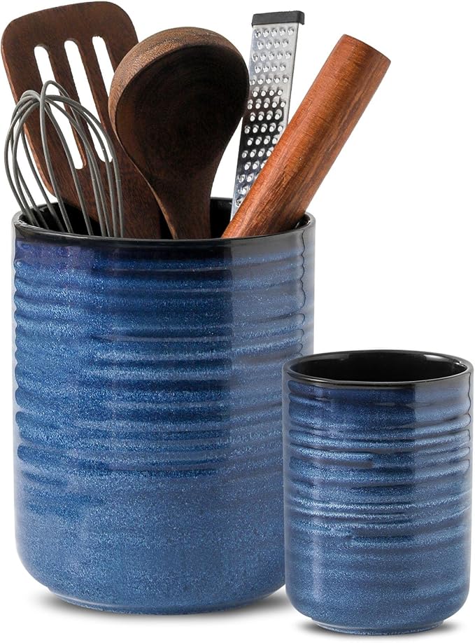Hasense Ceramic Utensil Holder for Kitchen Counter, 7.4"+5.5" Caddy Set of 2, Large Cooking Holder for Countertop, Crock for Farmhouse Decor, Blue