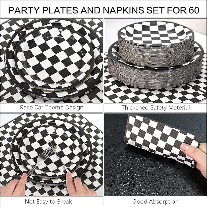 180Pcs Race Car Party Supplies Paper Plates and Napkins Serve 60 Disposable Tableware Set for Birthday Party Decorations Game Day Family School Holiday Sports Events