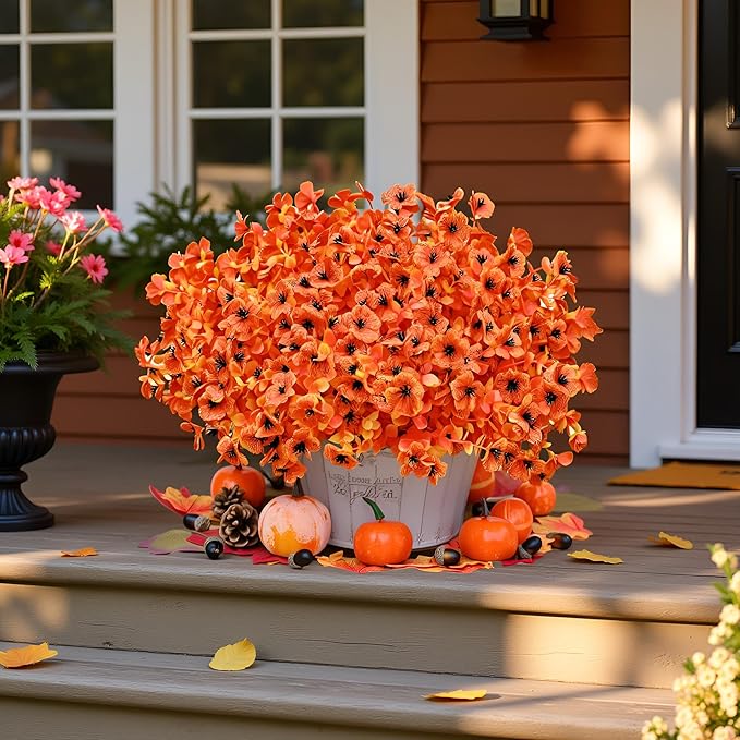 Artificial Mums Fall Flowers for Outdoors Indoor Garden Home Decoration, Faux Daisy with Eucalyptus Leaves Fake Plants Greenery for Porch Patio Hanging Planter, 12 Bundles