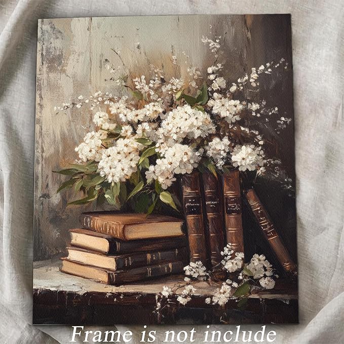 uniro Vintage Wall Art Prints, Moody Books and Flowers Wall Painting Canvas Prints, Antique Dark Academia Decor, Vintage Art Pictures Aesthetic Wall Decor for Bedroom Gallery Bathroom decor( 8" x 10"-UNFRAMED)