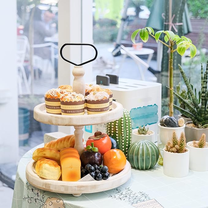 Mustry Rustic Wooden 2 Tiered Tray, Round Farmhouse Kitchen Table Decor Serving Tier Tray, Food Fruits Cupcake Display Coffee Bar Home Party Seasonal Decorations (White)