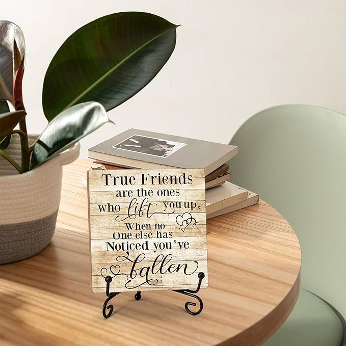 Friendship Quotes Desk Decor Gifts for Women Best Friends, True Friends Are The Ones Who Lift You Up Tabletop Sign, Motivational Wood Plaque With Iron Stand for Home Office Bedroom -16