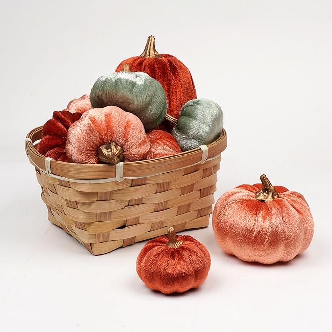 18 Pcs Velvet Pumpkins, Fake Assorted Velvet Pumpkins Harvest Festival Thanksgiving Halloween Decor, Autumn Table Centerpiece Decoration (Assorted Colors-Velvet)